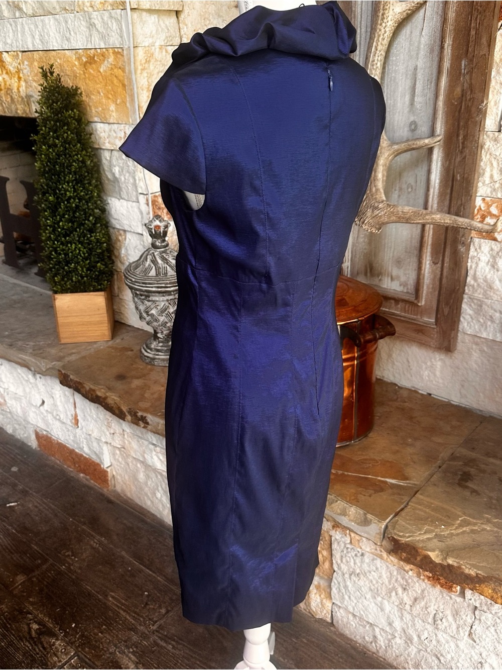Navy Ruffle V-Neck Sheath Dress - Picture 3 of 6